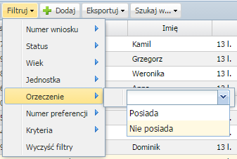 Filtr Wiek - pełne nazwy używanych zakresów wiekowych, filtruje kandydatów, których data urodzenia zawiera się w wybranym zakresie wiekowym: Filtr Jednostka filtruje kandydatów według