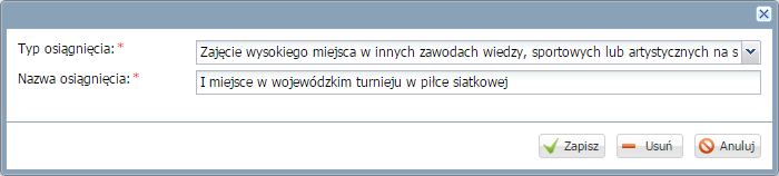 Lista typów osiągnięć definiowana jest na poziomie konfiguracji systemu, na podstawie obowiązujących zasad rekrutacji.