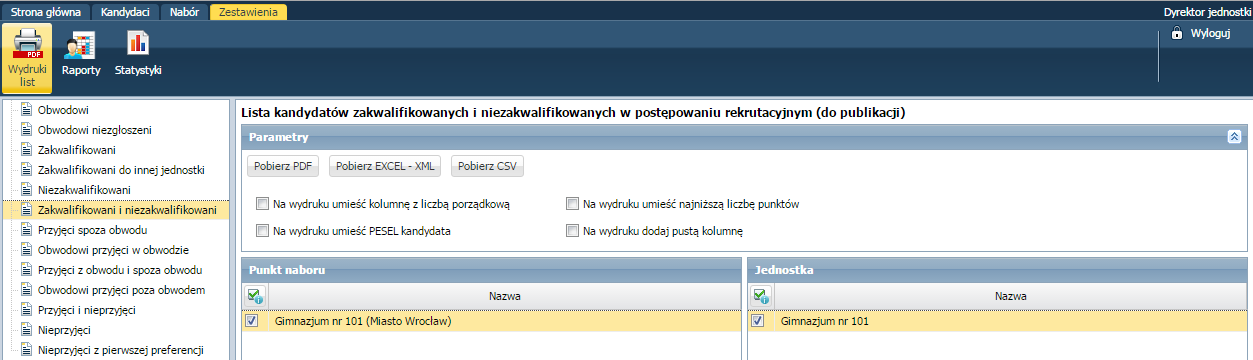 Zestawienia można pobrać w postaci pliku PDF (otwieranego np. programem Adobe Reader), Excel-XML (otwieranego np. programem Microsoft Excel) lub CSV klikając odpowiednie przyciski w prawym panelu.