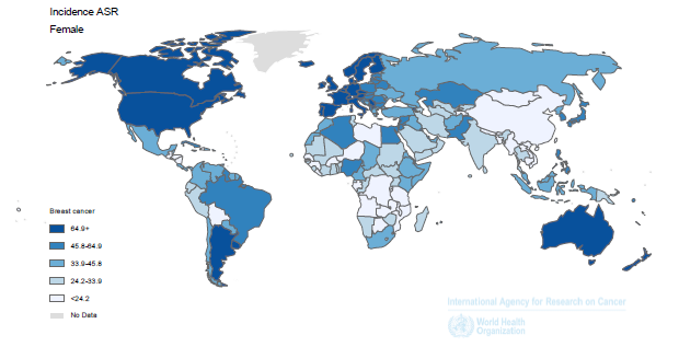 Współczynniki zapadalności wahają się od 27/100 tys. w Środkowej Afryce i Wschodniej Azji do 96/100 tys. w Zachodniej Europie (Rycina 1). Rycina 1. Zapadalność na raka piersi na świecie.