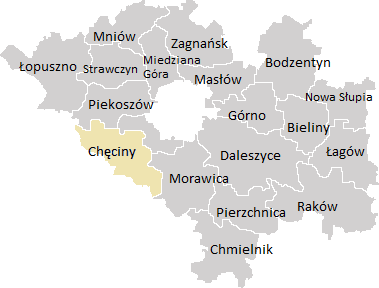 1. Charakterystyka gminy Gmina Chęciny położona jest w województwie świętokrzyskim, w powiecie kieleckim, przy trasie Kielce Kraków, około 14 km od miasta wojewódzkiego Kielce oraz około 100 km od