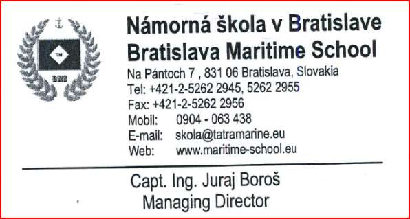 Podwyższanie kwalifikacji W r.a. 2011/12 po raz pierwszy w podwyższali kwalifikacje zawodowe przyszli marynarze ze szkoły morskiej w Bratysławie.