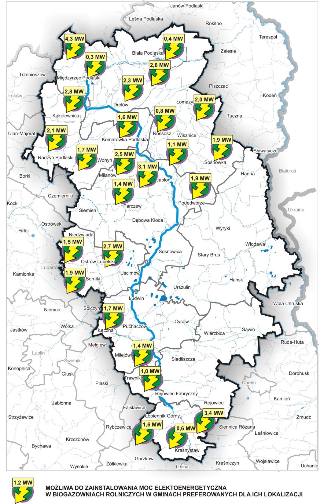 głównie kukurydzy, - inne dostępne odpady z rolnictwa. Łączny potencjał teoretyczny - ok. 50 MWel zainstalowanej mocy.