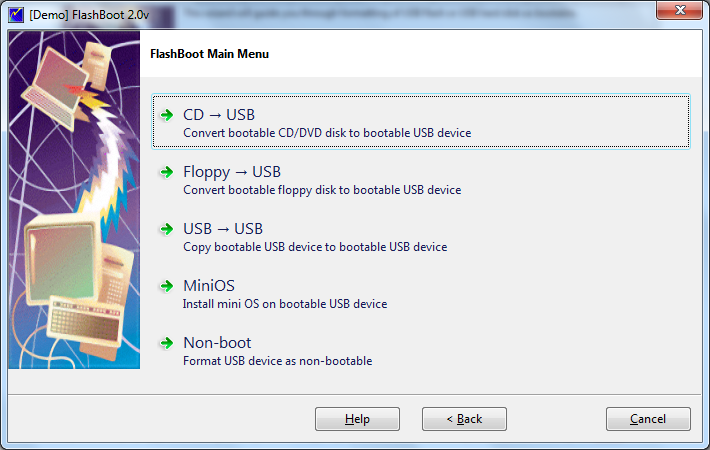 3 (Pobrane z slow7.pl) Rysunek 2 Pierwszy ekran 3. W pierwszym oknie kreatora wybieramy opcję CD -> USB. Pozwoli ona nam utworzyć bootowalny pendrive z wersji instalacyjnej Windows XP.