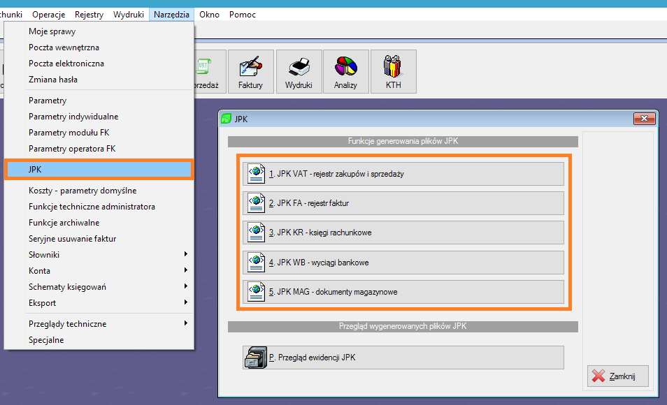 Generowanie plików JPK Aby przystąpić do generowania plików JPK należy w module FK z menu Narzędzia wybrać opcję JPK, następnie wybrać odpowiedni typ tworzonego pliku.