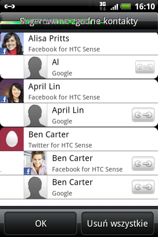 79 Kontakty Łączenie informacji o kontaktach Jeśli posiadasz te same kontakty w telefonie HTC Salsa, na koncie Google i na kontach w sieciach społecznościowych, takich jak Facebook i Twitter, telefon