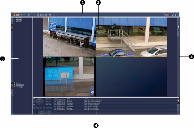 Bosch Video Client Omówienie okna podglądu na żywo pl 17 3.1 Podstawowe informacje Poniżej przedstawiono obszary sterowania okna podglądu na żywo w podstawowej formie. Illustracja 3.