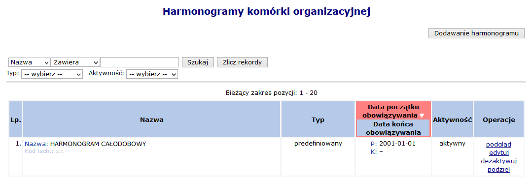 W miejscu tym operator może zapoznać się z wszystkimi harmonogramami czasu pracy, jakie obowiązywały w miejscu: Rys. 8.