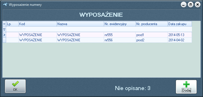 8. Wyposażenie W celu podglądnięcia listy wyposażenia należy wybrać z górnego menu Kartoteki->Wyposażenie.