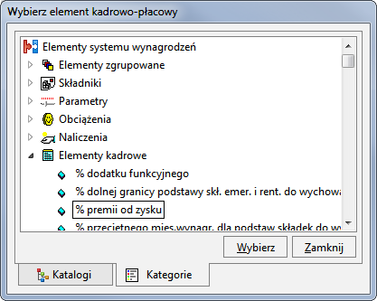 Pracownicy 6 19 Rys. 6-21 Okno Element Premia od zysku firmy - okno Formuła po wybraniu formuły Procent z. Teraz należy określić elementy będące parametrami dla formuły.