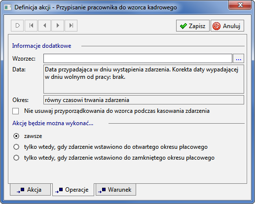 Pracownicy 6 31 Na zakładce Akcja nadajemy nazwę i po kliknięciu przycisku mamy w zależności od wyboru opcji w oknie Atrybuty: wstawienie kolejnego zdarzenia do kalendarza, wstawienie serii zdarzeń,