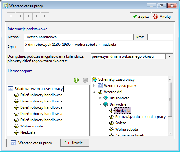 Organizacja czasu pracy 7 9 a następnie na drzewku Schematów czasu pracy w prawej części okna odnajdujemy zdefiniowany wcześniej Dzień roboczy handlowca.