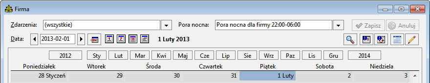 Organizacja czasu pracy 7 11 Pory nocne dla firmy i grup pracowników Na podstawie obiektów kalendarzowych w programie można określić czas pory nocnej dla firmy jaki i poszczególnych grup pracowników.