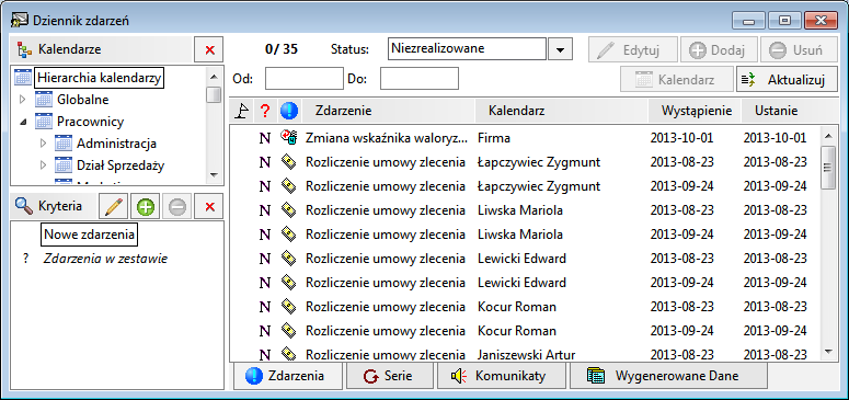 Dziennik zdarzeń W module Kadry i Płace edycja zdarzeń możliwa jest w dwóch miejscach: w kalendarzu pracownika po wybraniu z menu podręcznego polecenia Dziennik zdarzeń pracownika oraz w Dzienniku