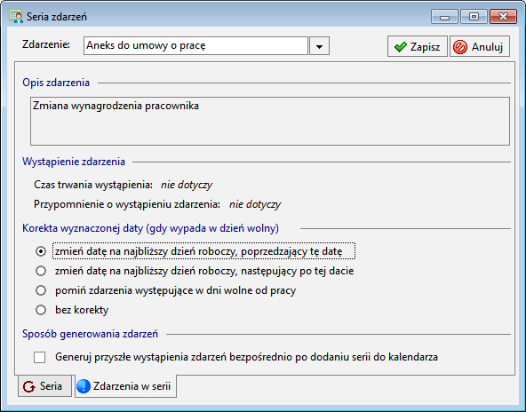 Dziennik zdarzeń 9 9 Na zakładce Zdarzenia w serii można podać dodatkowe informacje dotyczące generowanych zdarzeń oraz określić sposób ich wstawiania do kalendarza, np.