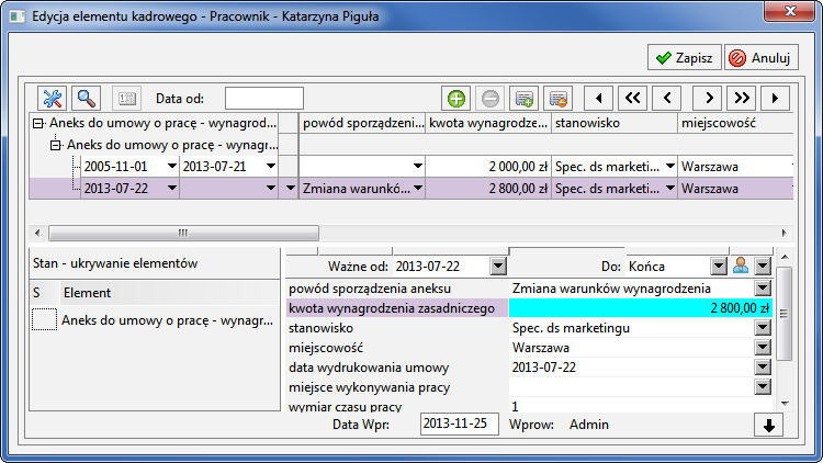 Pracownik 5 45 Aneks do umowy o pracę. Można też kliknąć przycisk Wynagrodzenia i wybrać opcję Zmiana wynagrodzenia. Rys. 5-53 Okno Edycja zdarzenia zdarzenie Aneks do umowy o pracę.