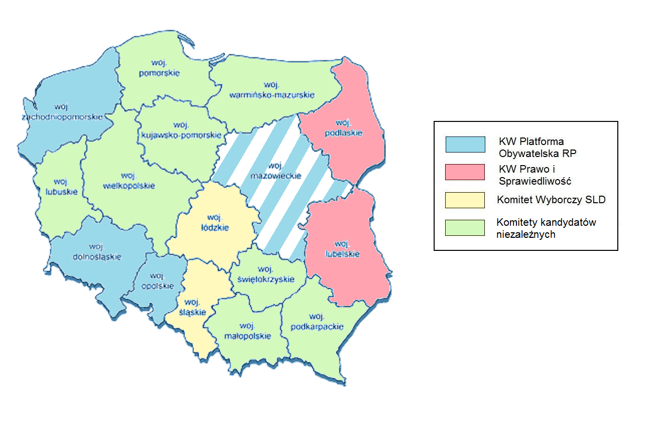 Mapa 3. Najczęściej prezentowani kandydaci w serwisach lokalnych w poszczególnych województwach przed I turą (1 19.11.