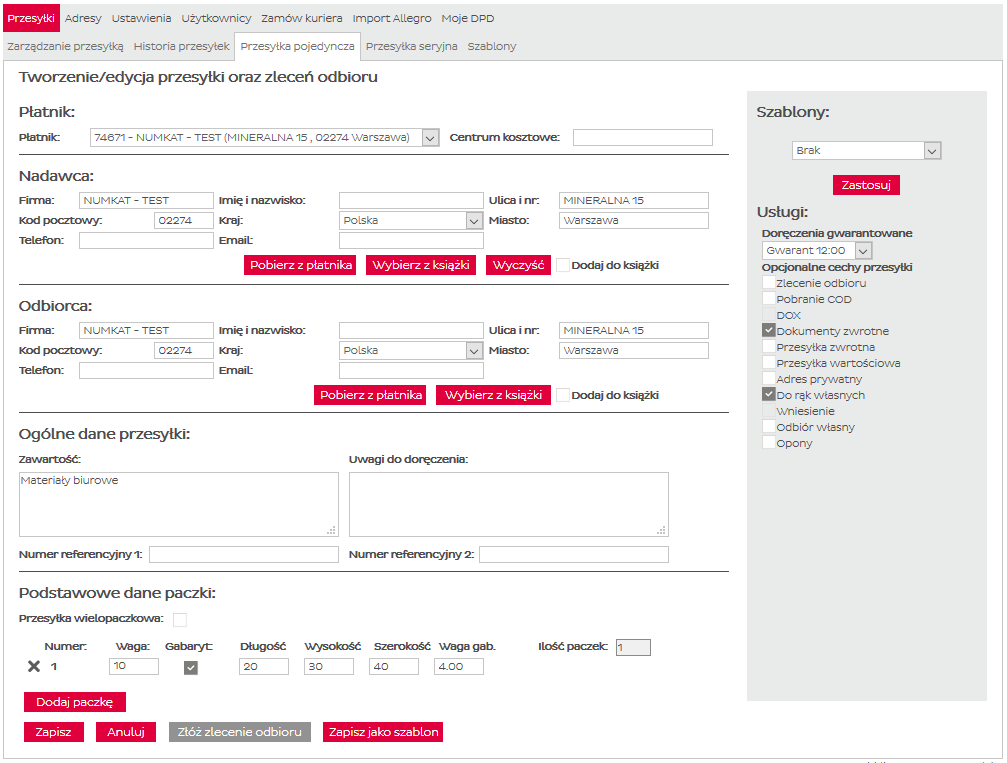 3. Przesyłki Dane odbiorcy/nadawcy można dowolnie zmodyfikować, a potem zapisać zmiany zaznaczając checkbox Dodaj do książki.