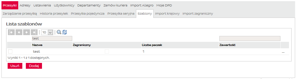 3. Przesyłki Zarządzanie szablonami W zakładce Szablony Użytkownik tworzy i zarządza zapisanymi wcześniej szablonami.