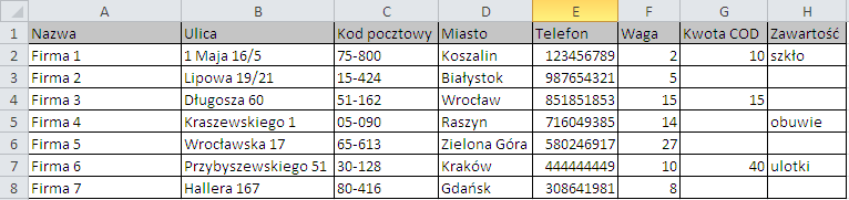 5. Import przesyłek Aby zaimportować dane o przesyłkach, Użytkownik powinien przygotować plik CSV, który zawierać będzie podstawowe dane odbiorcy, tj.