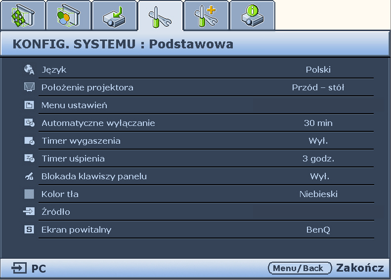 Używanie menu Projektor wyposażony jest w menu ekranowe (OSD) pozwalające na wybór różnych ustawień i konfiguracji. Poniżej przedstawiono menu w wersji angielskiej.