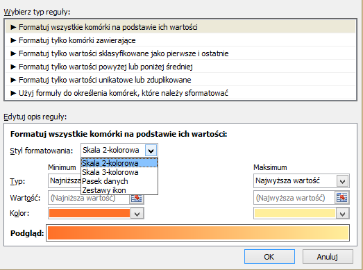 Formatowanie warunkowe Formatowanie na podstawie wartości: 1.