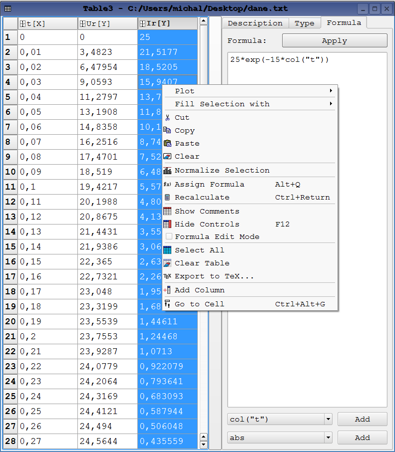 SciDAVis Wykres funkcji Nowy wykres funkcji File/New/New Function Plot Wypełnienie kolumny danymi z