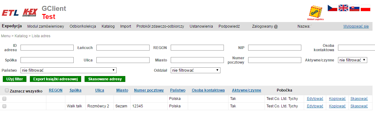 5.2. Lista adresów Podczas filtrowania wyświetlają się tylko te wiersze, które spełniają wszystkie określone warunki. Filtr jest zastosowany tylko po kliknięciu Zastosuj filtr.