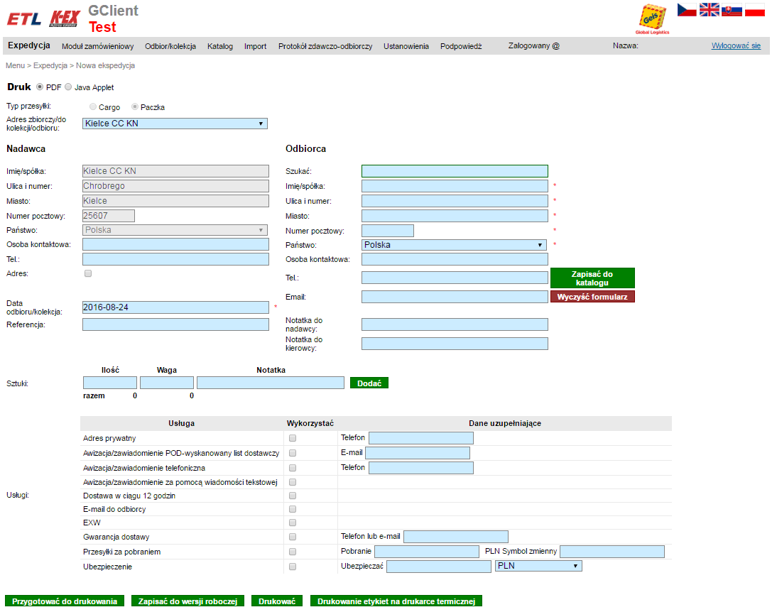 2. Ekspedycja 1.1. Nowa ekspedycja Formularz służy do wprowadzenia Nowej Ekspedycji (zlecenie z konkretnej lokalizacji) do bazy danych.