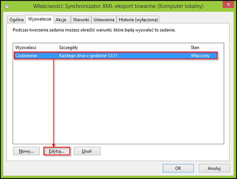 Rysunek 90 Aby zadanie wywoływało się częściej, należy wybrać z zakładki Wyzwalacze wcześniej ustawiony wyzwalacz i nacisnąć przycisk Edytuj.