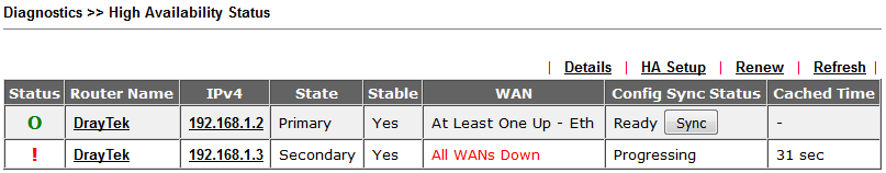 Włącz synchronizację konfiguracji. 3. Status Przejdź do zakładki Diagnostics >> High Availability Status. Na komputerze wydaj polecenie arp a.