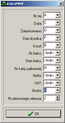 W przypadku, gdy w pliku nie ma któregoś ze składników, wybieramy <brak>. Numer pierwszego wiersz to wiersz, od którego zaczynają się dane zazwyczaj pierwszy wiersz to nagłówki.