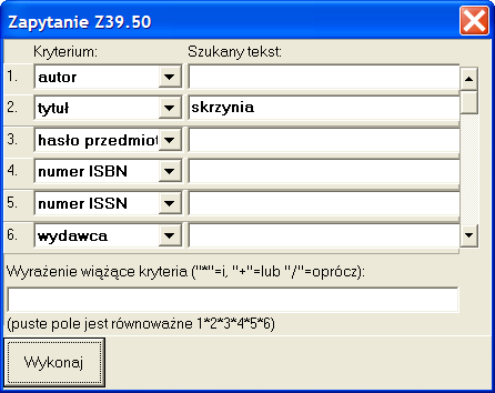 28 W celu pobrania rekordu należy użyć przycisku Zapytanie, które powoduje wyświetlenie okna parametrów poszukiwanego rekordu, np. Nie wszystkie serwisy Z39.