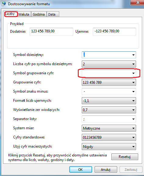 Symbol grupowania cyfr (używany do separowania np. tysięcy) jest domyślnie ustawiany w systemie Windows na twardą spację.