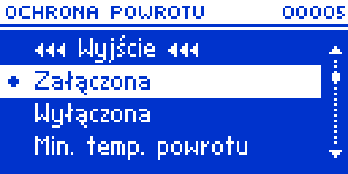 8. Ochrona powrotu Funkcja ta pozwala na ustawienie ochrony kotła przed zbyt chłodną wodą powracającą z głównego obiegu, która mogłaby być przyczyną korozji niskotemperaturowej kotła.