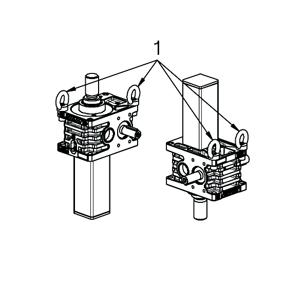 Przekładnie śrubowe ZIMM 5 Transport i przechowywanie Mocowanie w celu transportu W celu bezpiecznego zawieszenia na dźwigniku można zamocować śruby pierścieniowe lub nakrętki oczkowe. Rys.