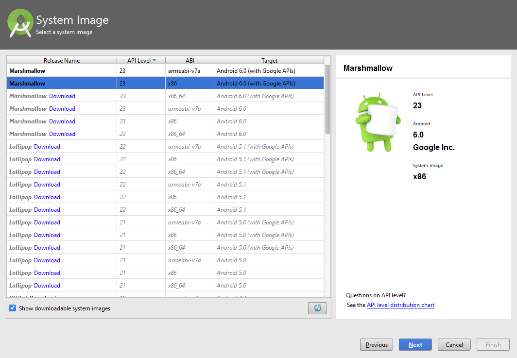 Konfiguracja nowego emulatora ABI (Application binary interface) musi być ustawione na x86 aby