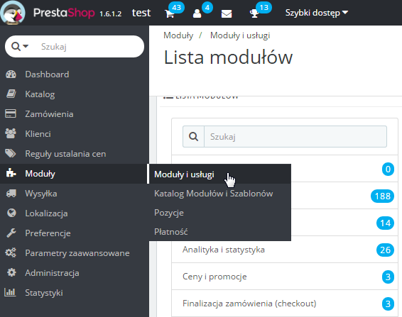 Moduł można również zainstalować poprzez kliknięcie w menu administracyjnym Modułu > Moduły i usługi, a następnie w przycisk Dodaj nowy moduł.