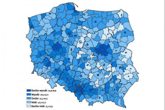 Dobrobyt społeczny w Polsce Do jego mierzenia wykorzystano wskaźnik Local Human Development Index (LHDI), który mierzy lokalny i regionalny poziom rozwoju społecznego i odzwierciedla poziom