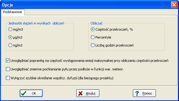 R. Samoć - Instrukcja obsługi pakietu Operat FB - 129 - Okno: Opcje obliczeń i jednostki stężeń W oknie tym ustala się: Jednostki stężeń w których będą drukowane wyniki obliczeń stężeń maksymalnych i