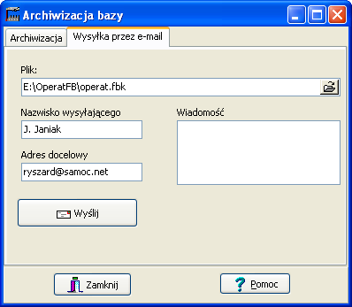 R. Samoć - Instrukcja obsługi pakietu Operat FB - 99 - Okno Archiwizacja bazy Okno to służy do archiwizacji bazy poprzez utworzenie skompresowanego pliku oraz do wysyłania tego pliku pocztą