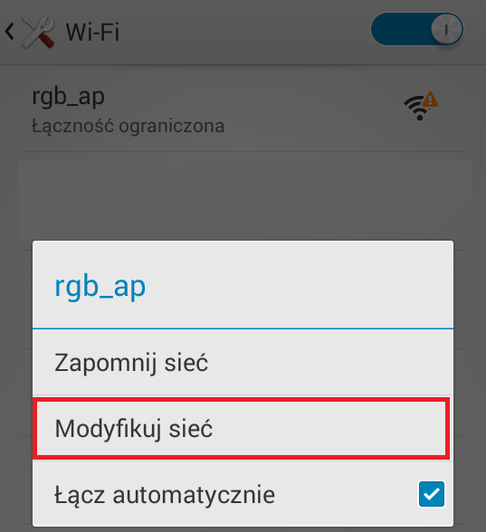 1. ANDROID 4.4 KONFIGURACJA POŁĄCZENIA 1. W dostępnych sieciach bezprzewodowych szukamy rgb_ap (wyświetlacz musi byd włączony do prądu).