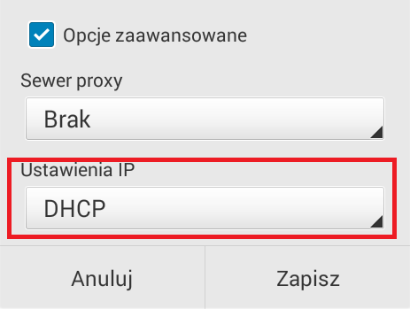 Następnie zaznaczamy Opcje zaawansowane. Pojawią się dodatkowe opcje, z których nas interesują Ustawienia IP. Domyślnie jest ustawione DHCP, a należy zmienid na Statyczny.