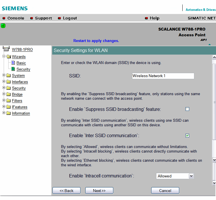 Security Settings for WLAN (1) Okno to pozwala nam na ustawienie zabezpieczeń dla sieci bezprzewodowej. Pole SSID to identyfikator (nazwa) naszej sieci bezprzewodowej.