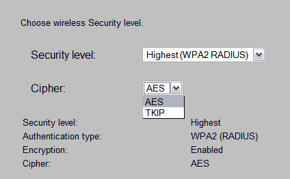5) Highest (WPA2-RADIUS) Ten tryb zabezpieczeń posiada wszystkie wyżej wymienione właściwości, a ponadto zapewnia lepszy poziom autentyfikacji przez wykorzystanie serwera RADIUS.