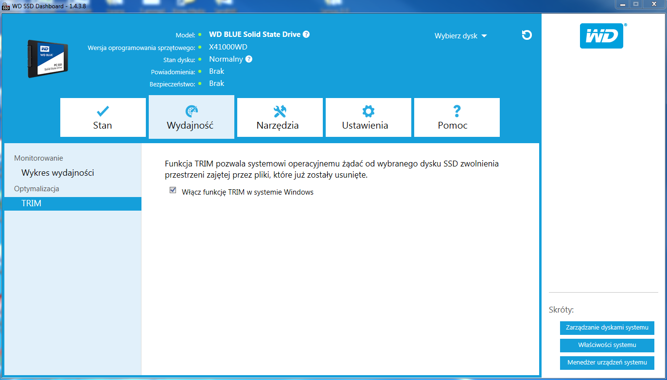 Wydajność TRIM Funkcja TRIM zwalnia pamięć na dysku SSD, która była używana przez usunięte pliki WD zaleca, aby funkcję TRIM uruchamiać raz w tygodniu.
