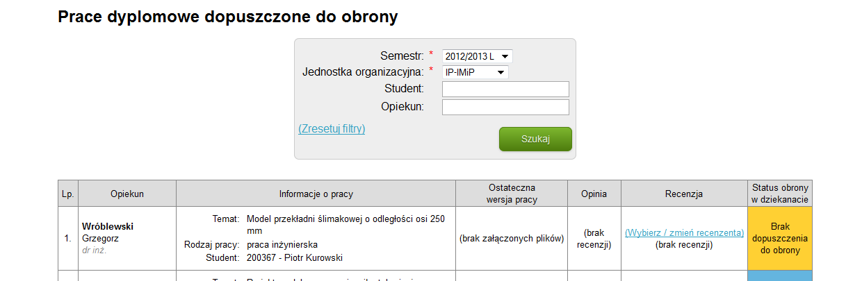 Dopuszczenie pracy do obrony następuje po wciśnięciu przycisku Przyjmij pracę do obrony.