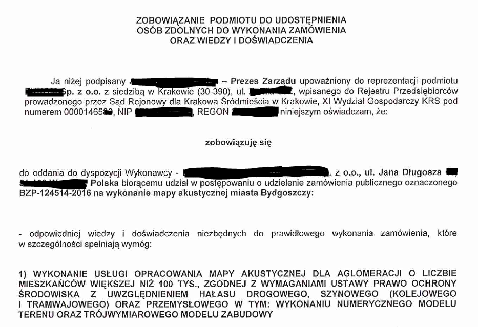 Jaka jest zawartość SIWZ? Przykład Pisemne zobowiązanie (oświadczenie) innych podmiotów do oddania wykonawcy do dyspozycji niezbędnych zasobów na potrzeby wykonania zamówienia (zgodnie z art.