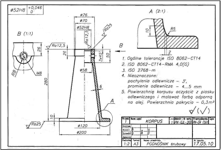 Rys. 6.8. Rysunek części dla korpusu podnośnika śrubowego Źródło: Leonid W. Kurmaz - Podstawy konstrukcji maszyn - Projektowanie.
