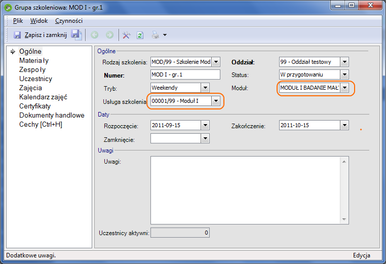 Zmiany widoczne są też na zakładce Przedmioty. Tutaj obok każdego przedmiotu, należy zaznaczyć moduł, którego on dotyczy.